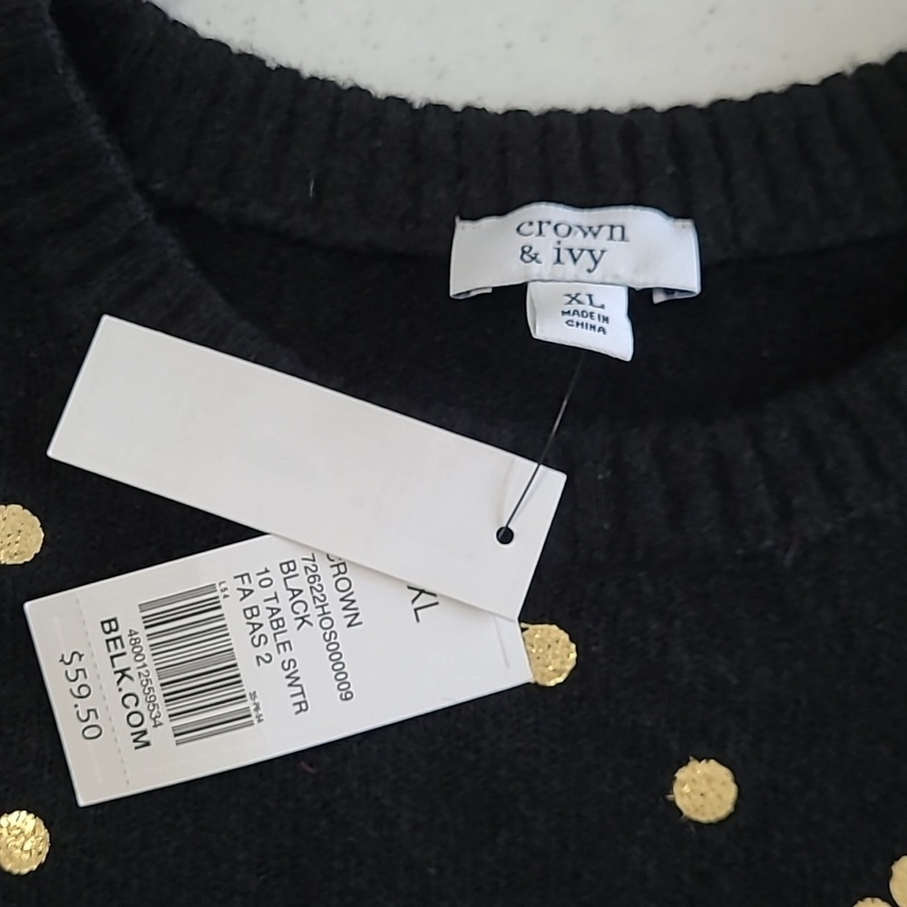NWT Crown & Ivy Black Crew Neck Sweater with Gold Polka-dots Size XL - Picture 3 of 6
